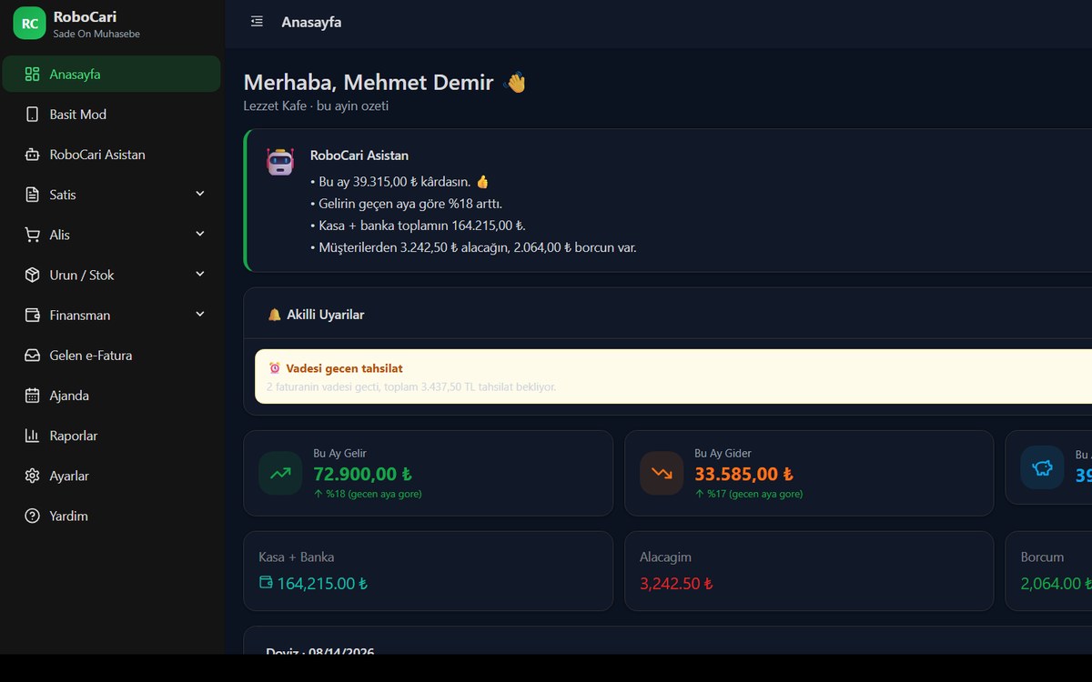 RoboCari sol menüsü ve karşılama ekranı — modüllerin tamamı tek listede